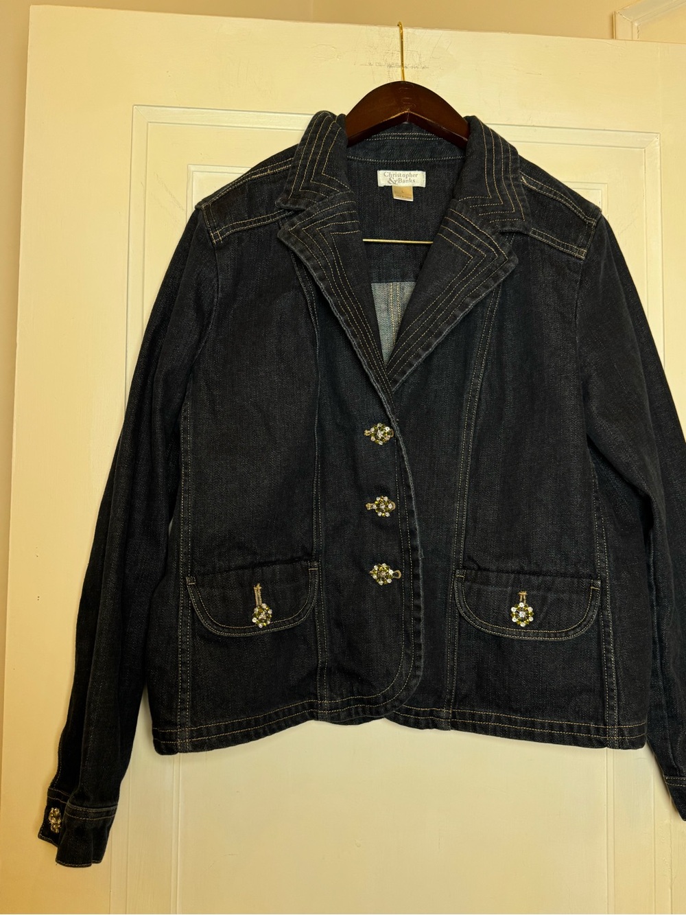 Christopher & Banks Dark Denim Jacket with Jeweled flower Buttons